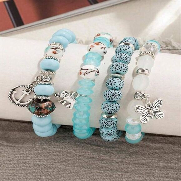 Handmade Blue Boho Bracelet Set 4pc with Anchor, Elephant & Butterfly Charms - Picture 7 of 7